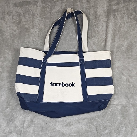 Facebook Tote Bag Blue White Striped Canvas Oversized Travel Preppy Nautical
